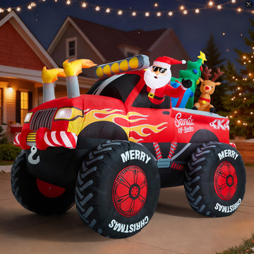 8.5 FT Long Santa in Monster Truck Christmas Inflatables Outdoor Decorations, Christmas Blow Up Santa Claus Yard