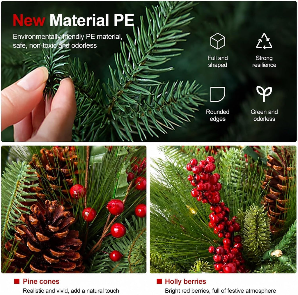 Lighted Christmas Garland 9Ft Operated Pinecone Berry Decor