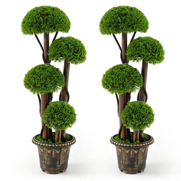 3FT Artificial Cypress Topiary Ball Tree, Indoor Outdoor Fake Boxwood Tree with Rattan Trunk, Cement Filled Pot
