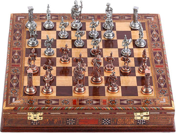 Antique Copper Roman Figures Metal Chess Set for Adults,Handmade Pieces and Natural Solid Wooden Chess Board