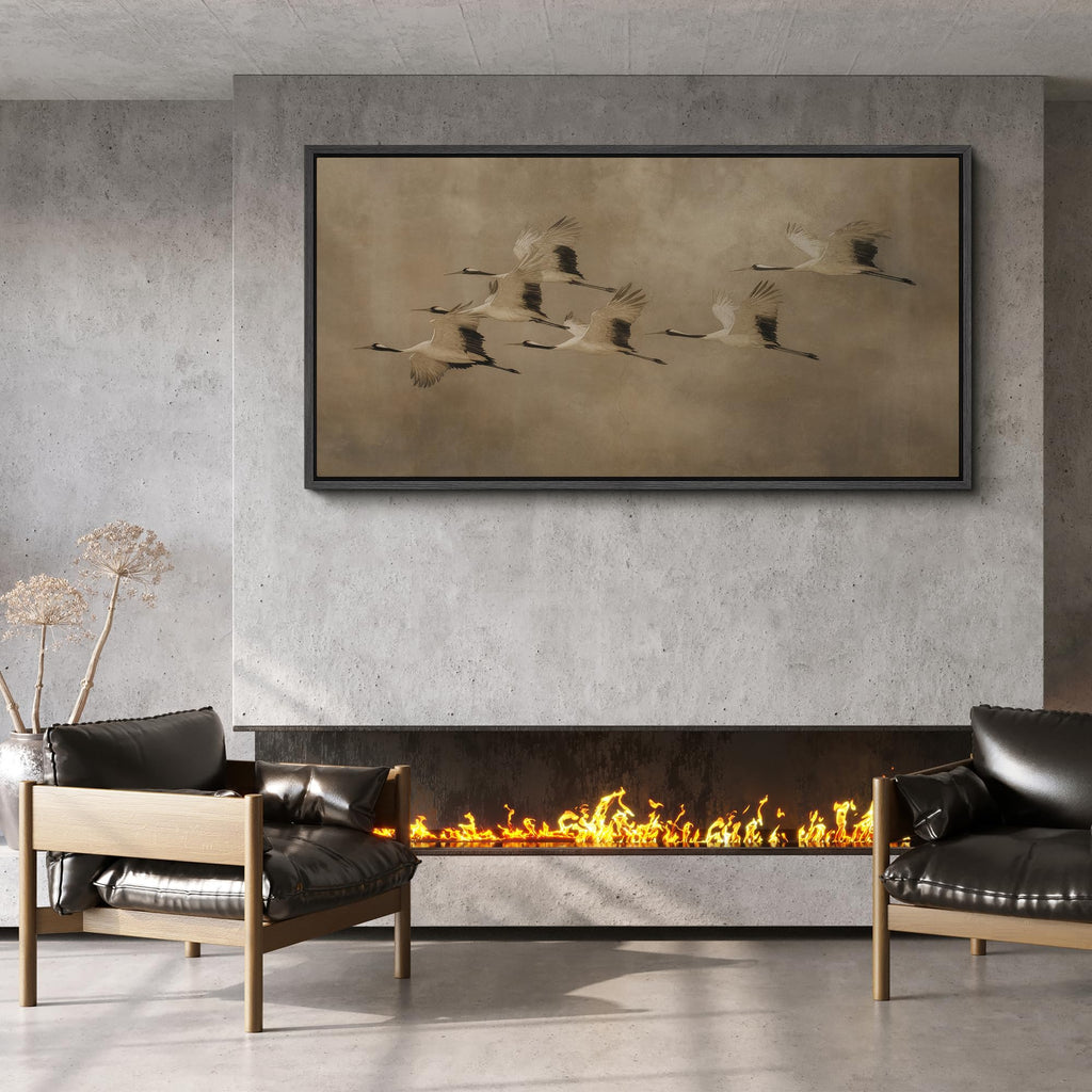 Extra Large Framed Canvas Print Wall Art Elegant Flying Cranes in Warm Beige Sky Illustrations Retro Fine Art