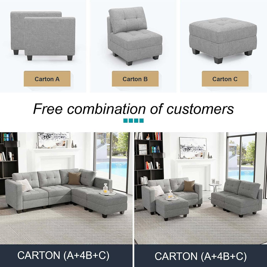 Light Grey L Shape 5-Seat Modular Sectional Sofa with Storage, Reversible Chaise, Adjustable Backrest, Cotton &