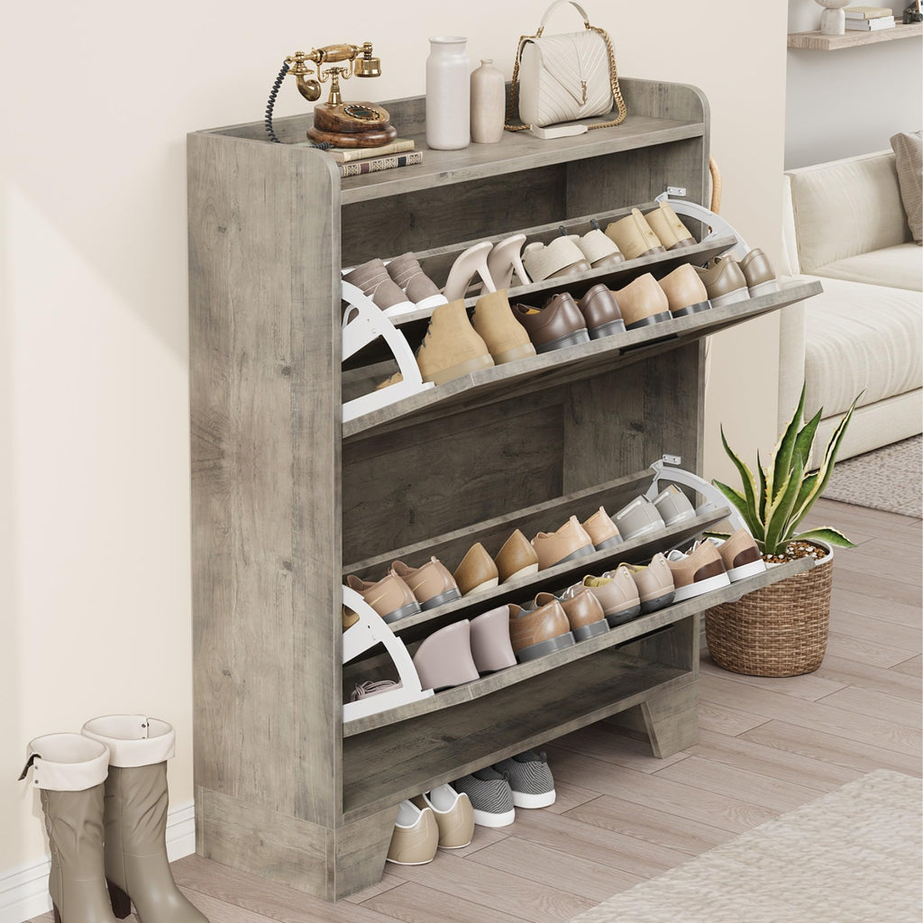 Shoe Cabinet Storage, Narrow Shoe Cabinet with 2 Flip Drawers, Freestanding Hidden Slim Shoe Organizer Cabinet with