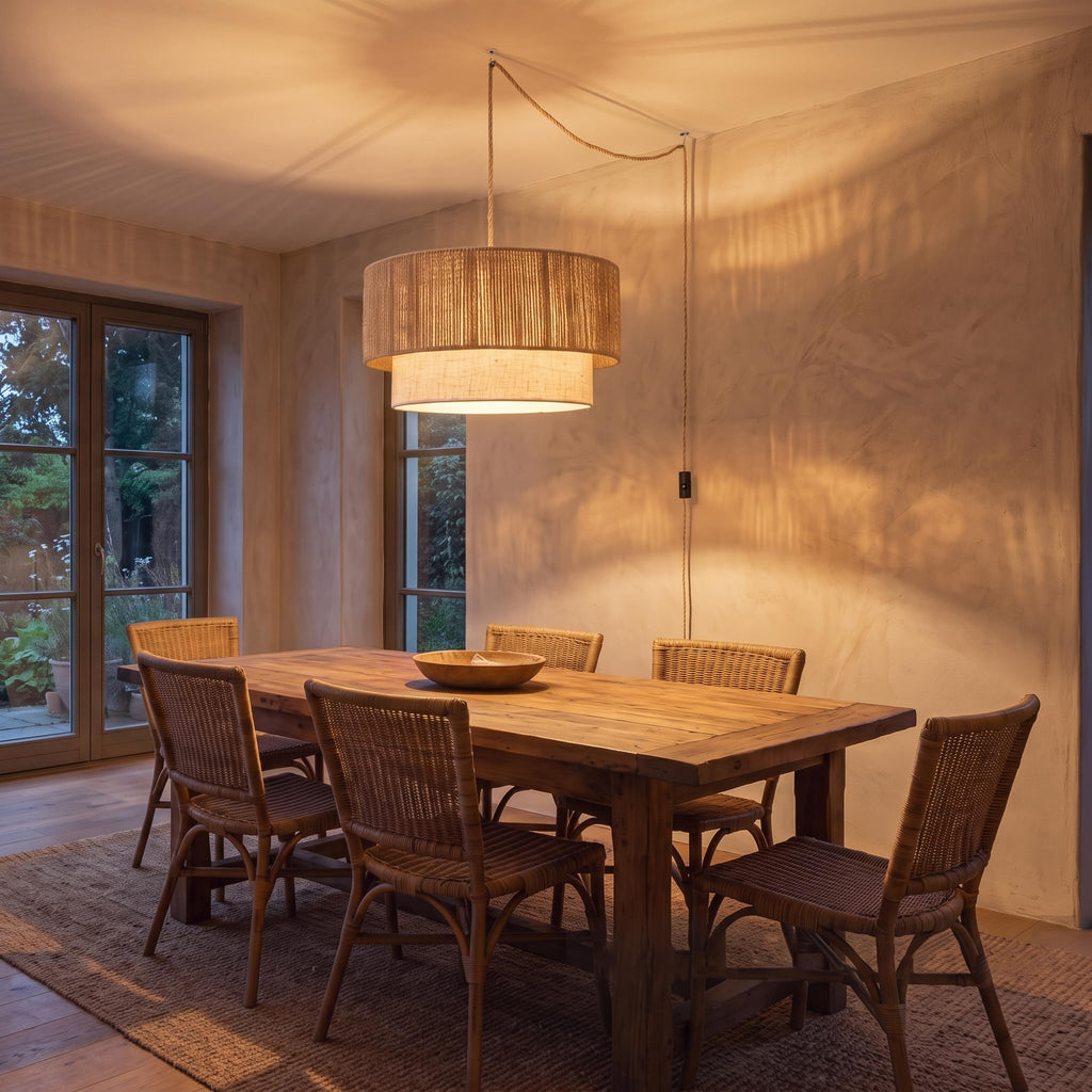 Plug in Pendant Light, 18" Rattan Plug in Chandelier with 18FT Light Cord, Plug in Boho Hanging Pendant Light Living