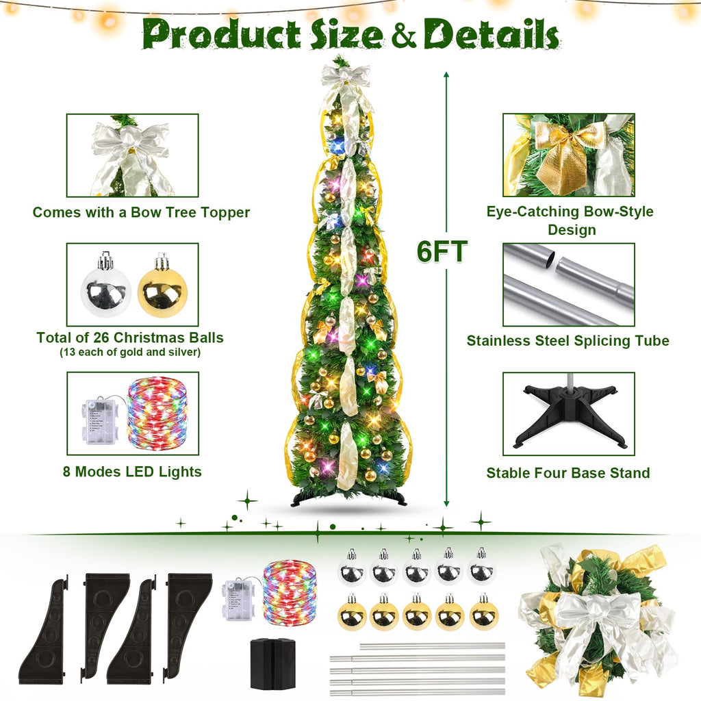 Pop Up Decorations Artificial Collapsible Tree with Lights 8Modes&Timer Predecorated Pencil Tinsel Tree Apartment