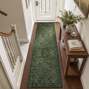 Tranditional Medallion Dark Green Runners s Entryway, Low Pile Washable Non Slip Distressed Printed Carpet Runner