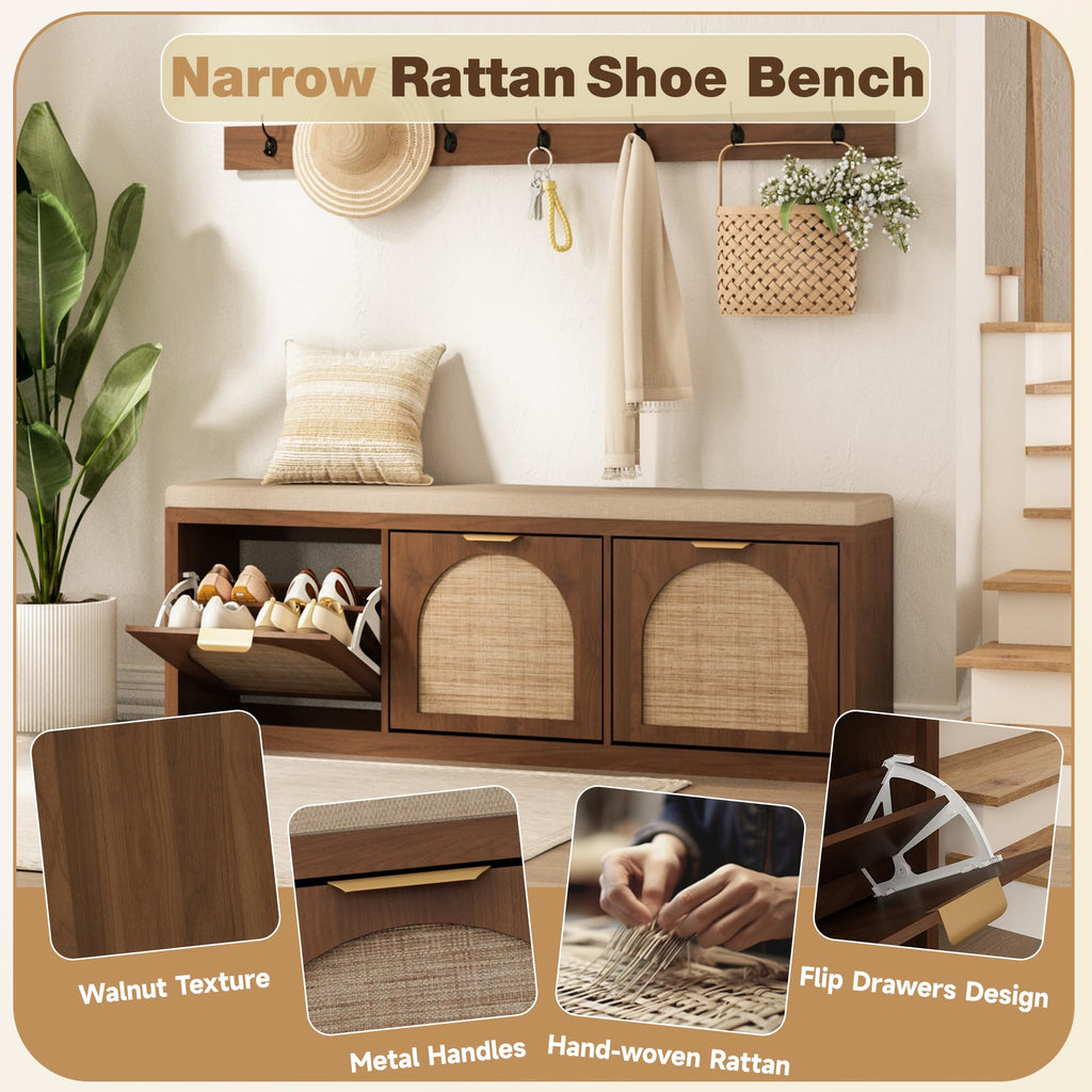 Rattan Narrow Entryway Bench with Shoe Storage, 3 Flip Drawers & Coat Rack, Mid-Century Modern Wood Shoe Cabinet with
