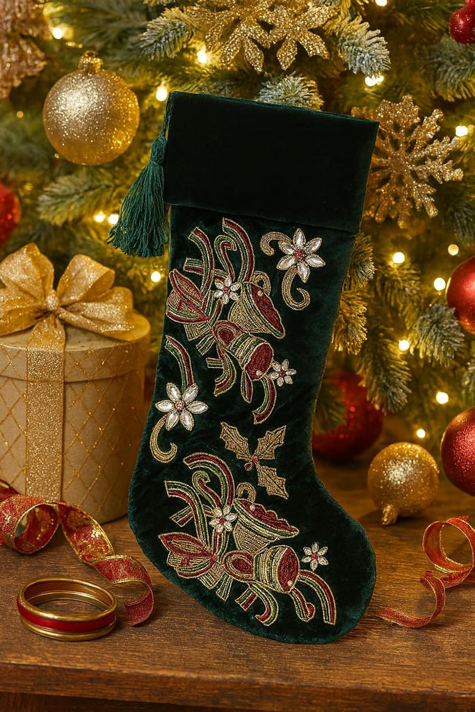 Luxury Velvet Christmas Stocking 21" x 7" - Hand Beaded, Embroidered Green Stocking with Tassel for Mantle Décor &