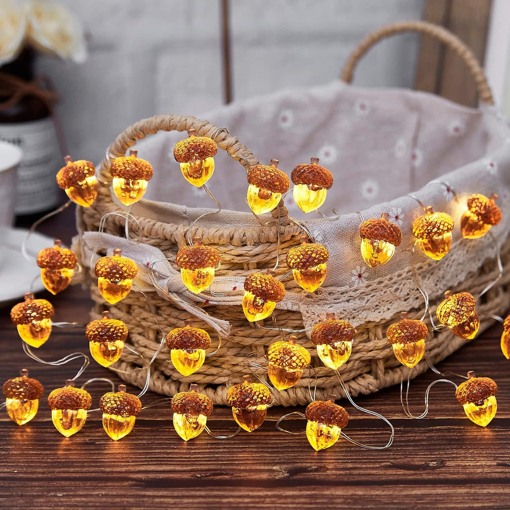 3D Twinkle Acorn Fall Decorations Harvest String Lights, Full Size Autumn Acorn 10 feet 30 LEDs USB Operated - Set of 10