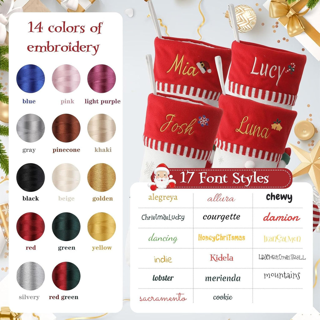 Christmas Family Stockings with Embroidery Names, 3D Xmas Characters Santa,Snowman,Reindeer & Penguin , Fireplace