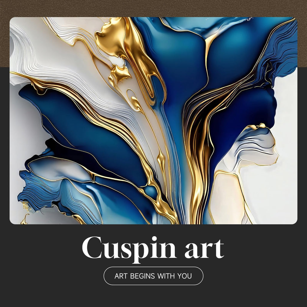 Extra Large Framed Blue White and Gold Abstract Wall Art, Vertical 40x60 In
