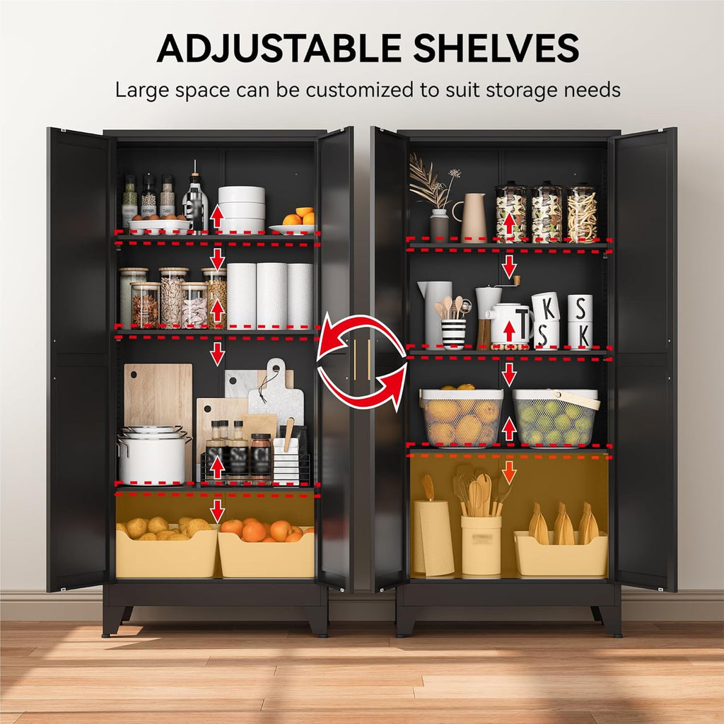 61" Metal Pantry Cabinet in Black, Modern Storage Cabinet with Adjustable Shelves, Sturdy Metal Cupboard Organization