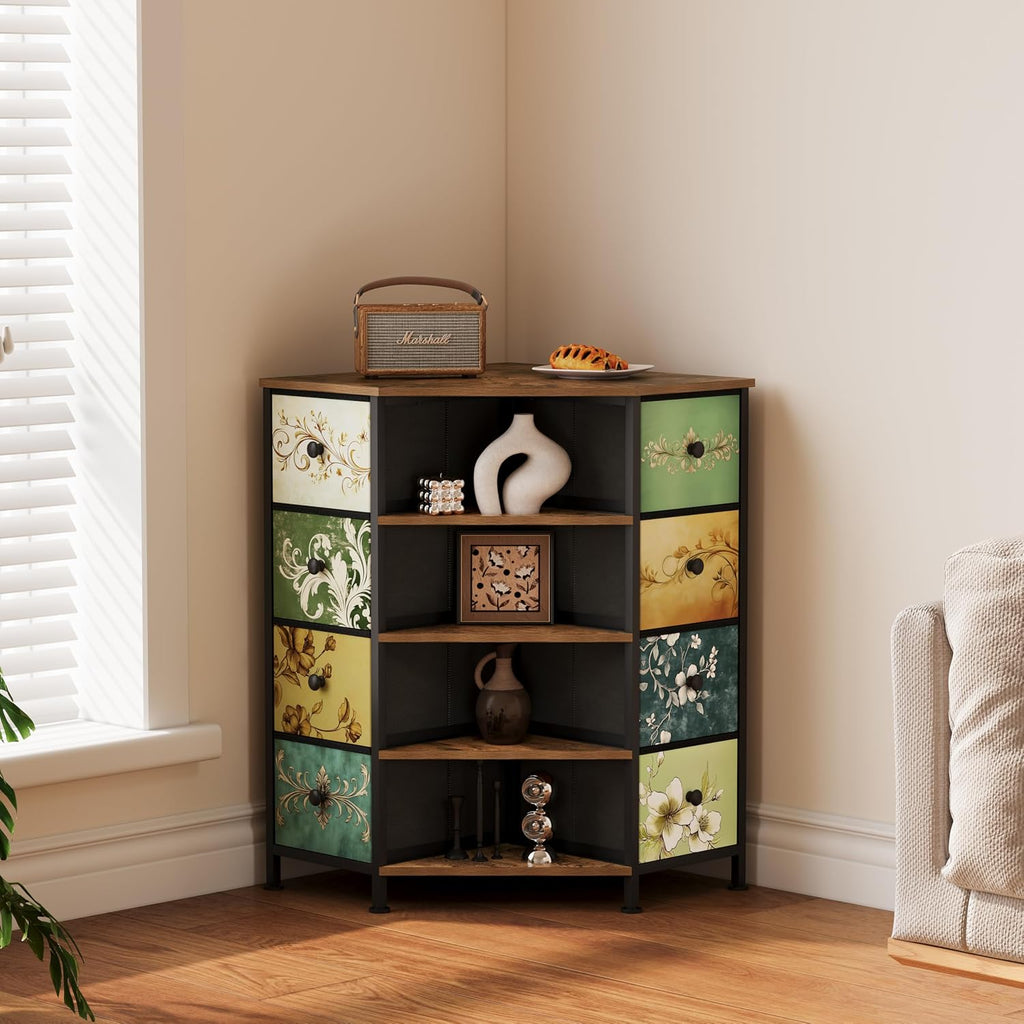 8 Drawers Corner Dresser with Fabric Drawers and Shelf | Retro Corner dresser with wooden top&4 open shelves,Corner