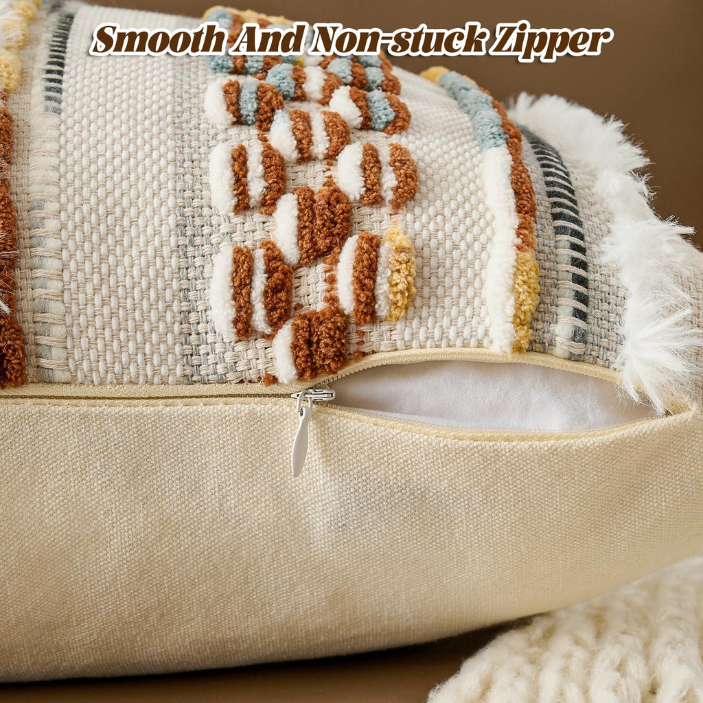 Chenille Striped Tufted Textured Boho Throw Pillow Covers Aesthetic with Tassels Woven Decorative Pillow Case for