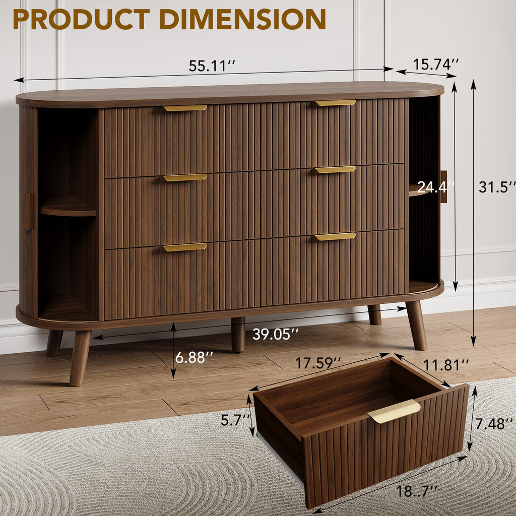 Fluted 6 Drawer Dresser, 55" Mid Century Modern Chest of Drawers
