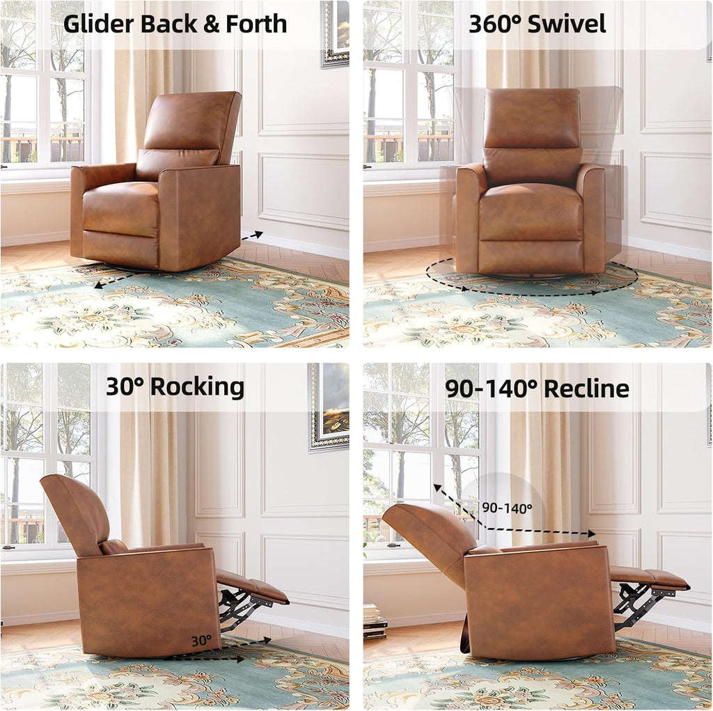 Swivel Rocking Recliner Chair, Manual Leather Recliner Glider with | Lumbar Support & Padded Armrest, Comfortable