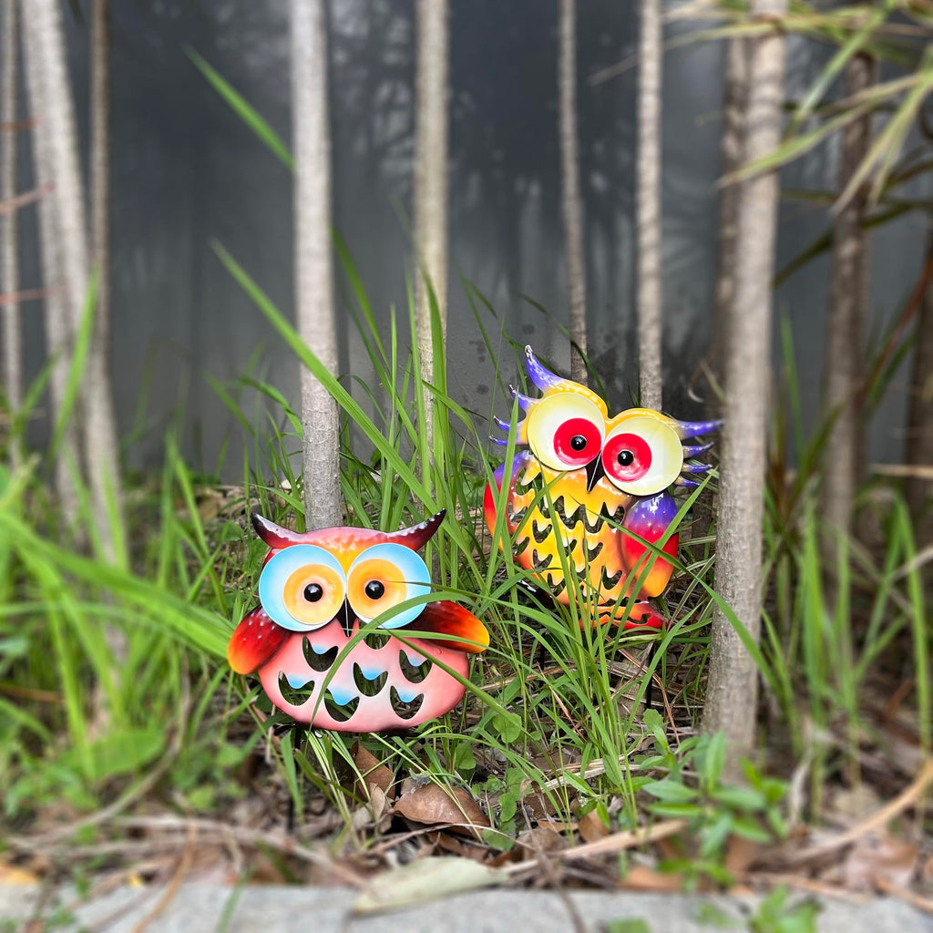 Metal Owl Silhouette Fresh Color Statues, 2 Pack Yard Decorative Sculpture