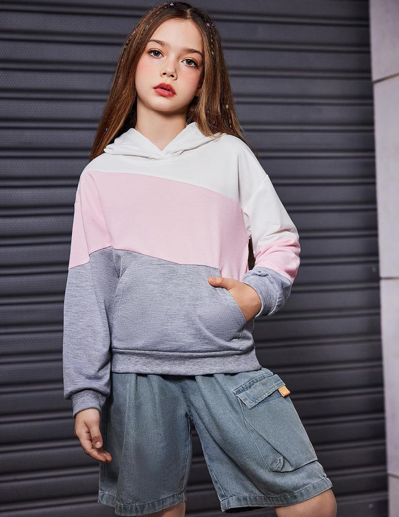 Girls Color Block Hoodies Hooded Sweatshirts Colorblock Sweatshirt