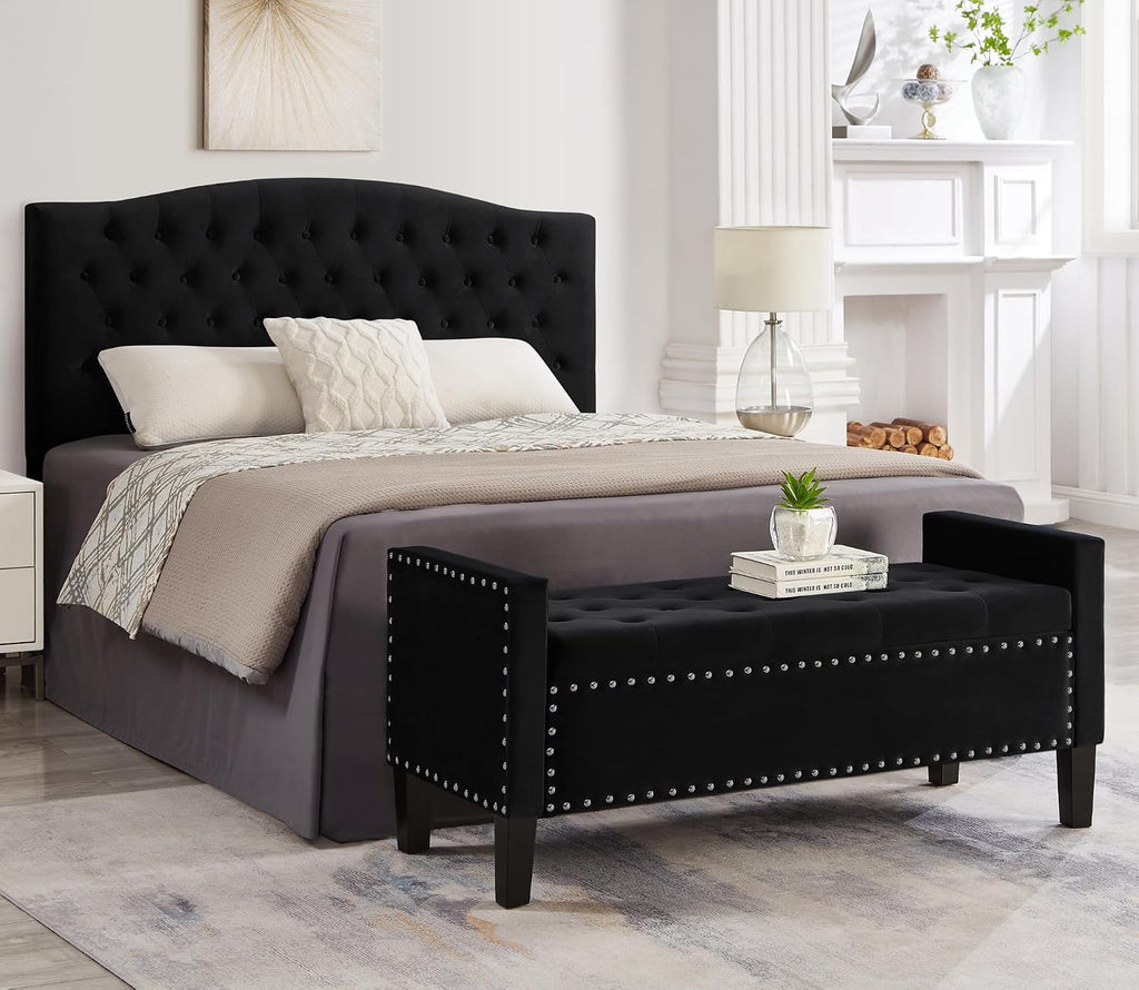 Velvet Storage Ottoman with Armrests and Nails Trim,Entryway Living Room Soft Padded Seat,Bed Bench Bedroom End of