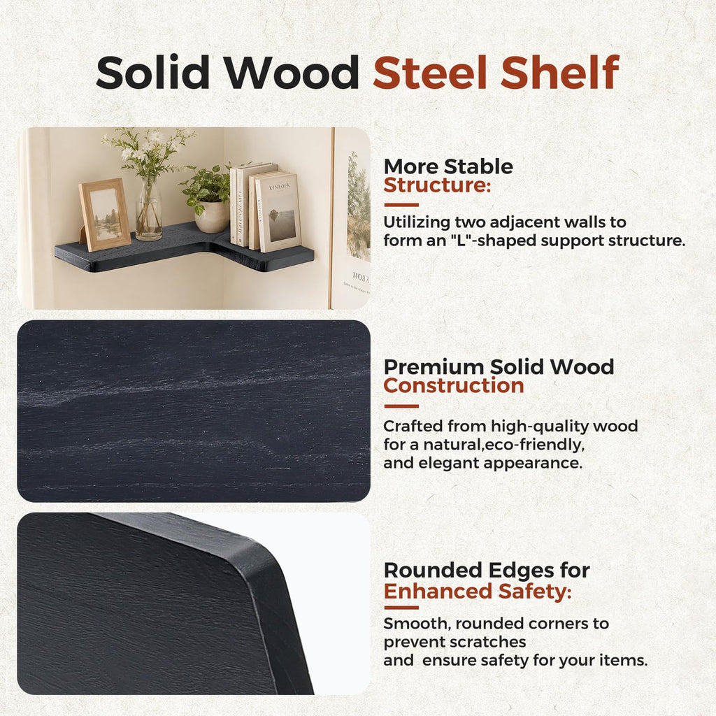 Solid Wood Corner Floating Shelves, L-Shaped, Black, Set of 4