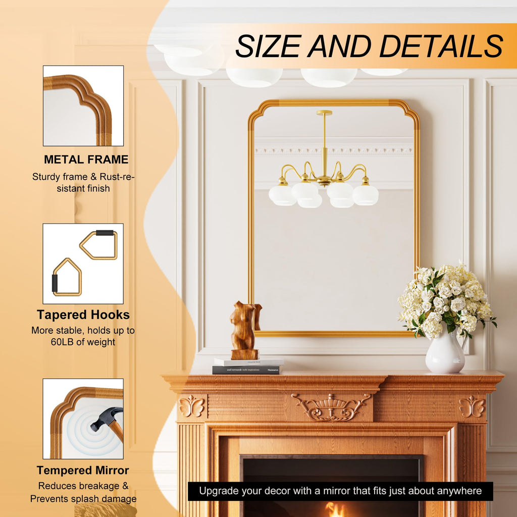 30" x 40" Wood Bathroom Mirror for Over Sink, Rustic Rounded Corner Vanity Mirror Home Decorative [Natural Color]