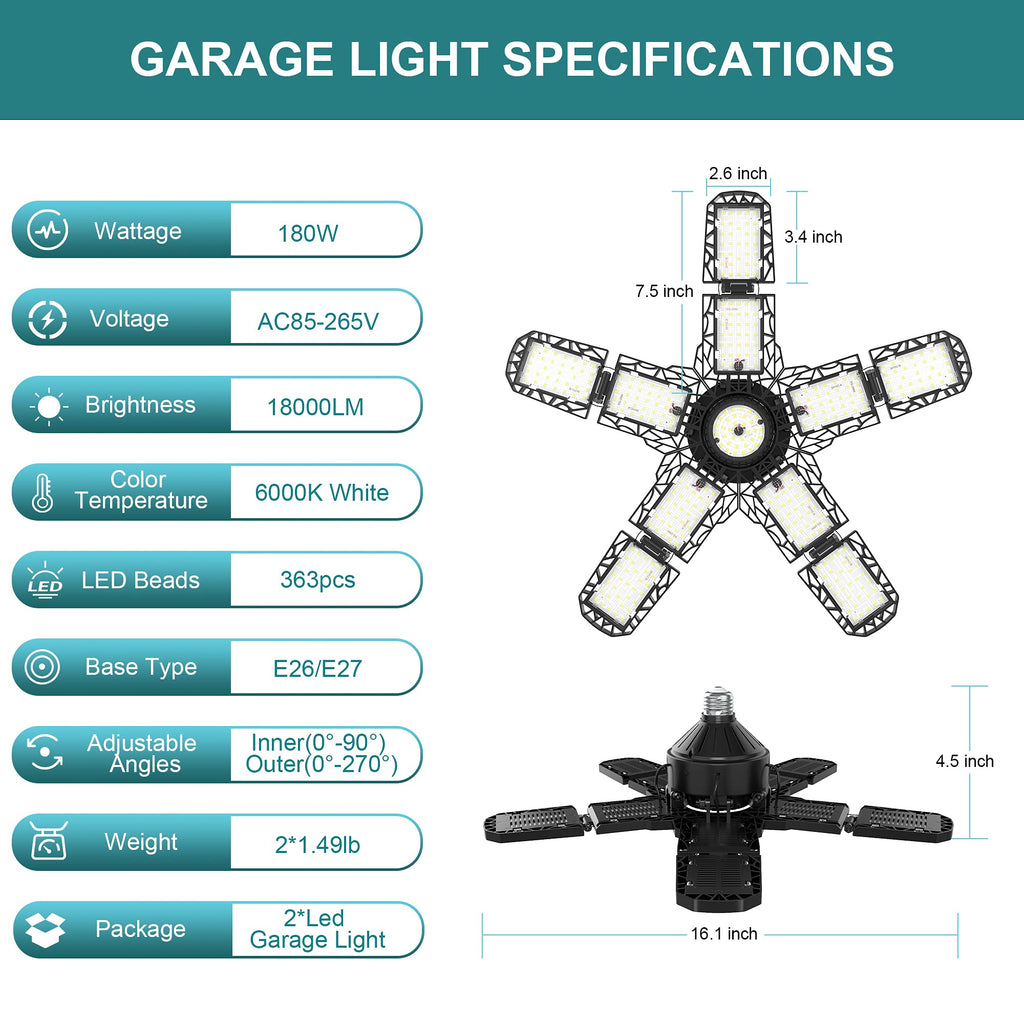 2-Pack Led Garage Light 180W, Garage Lights Ceiling LED with E26/E27 Medium Base, 6000K Deformable LED Shop