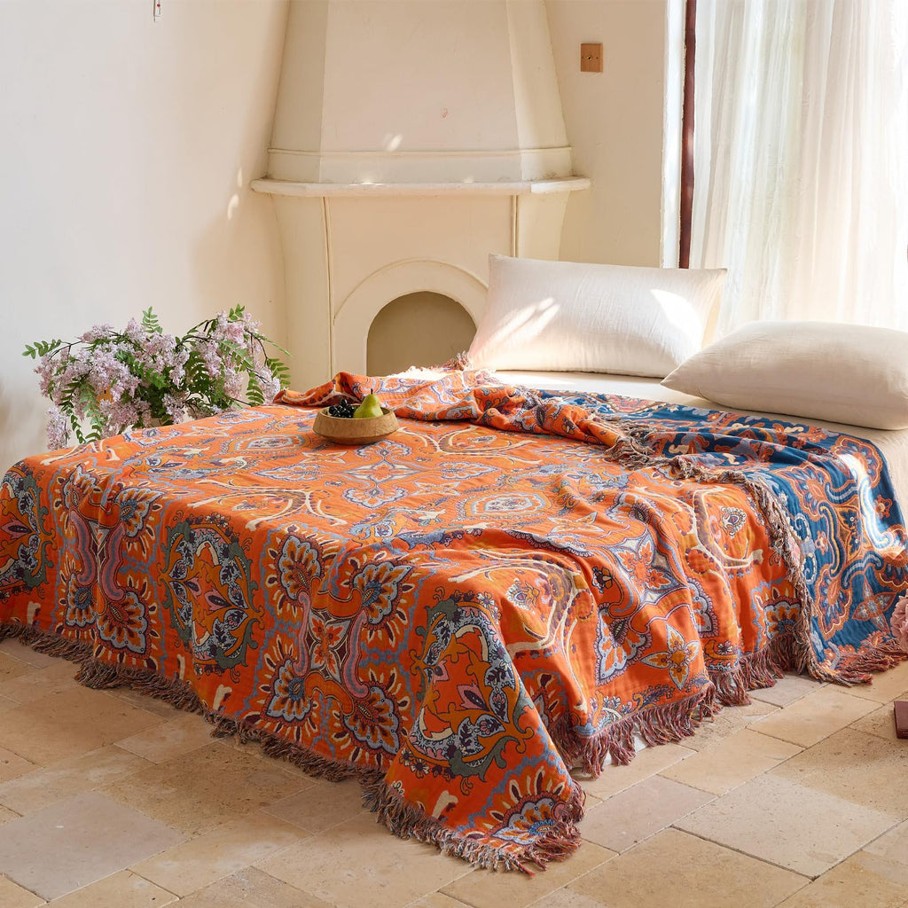 Boho Twin Throw Blanket, 100% Cotton, 60x80 Inches, 1 Piece Soft Lightweight Breathable, Reversible Patterned Tassel