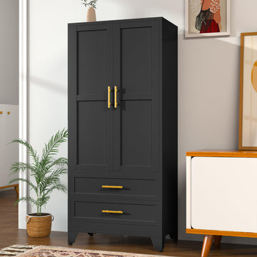 71" Metal Armoire Wardrobe Closet, Tall Clothing Storage Cabinet, Black