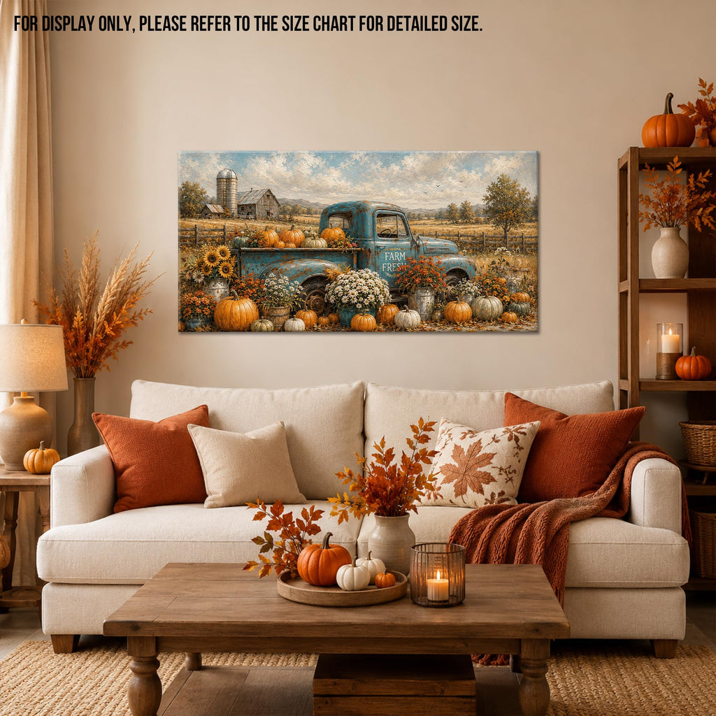 Truck Fall Canvas Wall Art, Rustic Farmhouse Painting Pictures Autumn Thanksgiving Artwork, Vintage Blue Farm Fresh