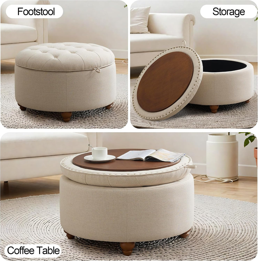 24'' Round Ottoman Coffee Table with Storage, Upholstered Tufted Ottoman with Flip Tray, Solid Wood Legs , Khaki