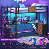 Stairway Twin Loft Bed with L Shaped Desk and Wardrobe, Metal Loft Bed Frame with Storage Stairs, 3 Fabric Drawers