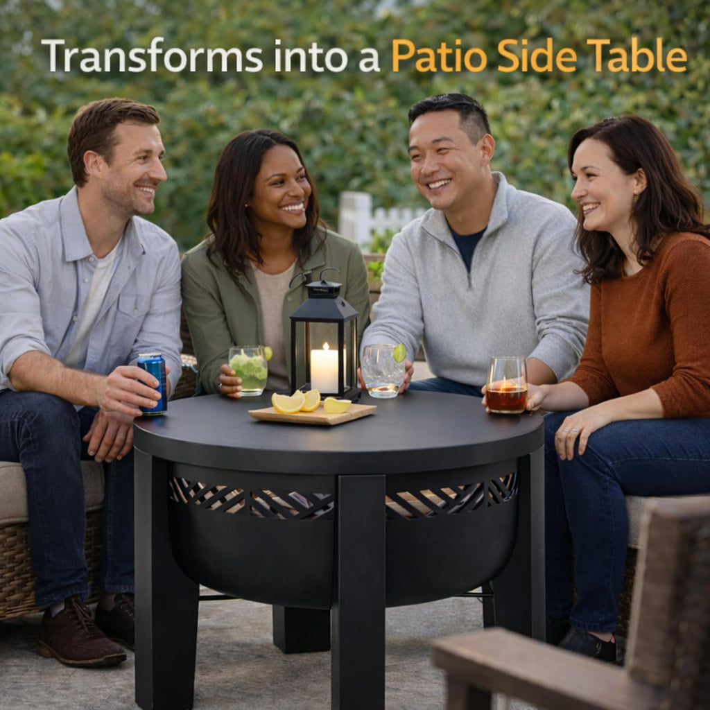 Fire Chief Wood Burning Fire Pit with Tabletop Lid - Modern Outdoor Metal Fire Pit