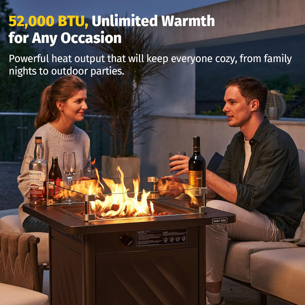 28” Outdoor Propane Fire Pit Table | 52,000 BTU Gas Fire Pit for 2-4 People with Space-Saving Hock Lid