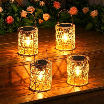 Solar Lantern Outdoor Lights, 4 Pack Bright Hanging Solar Lanterns Outdoor Waterproof with Handle, Decoration Rattan
