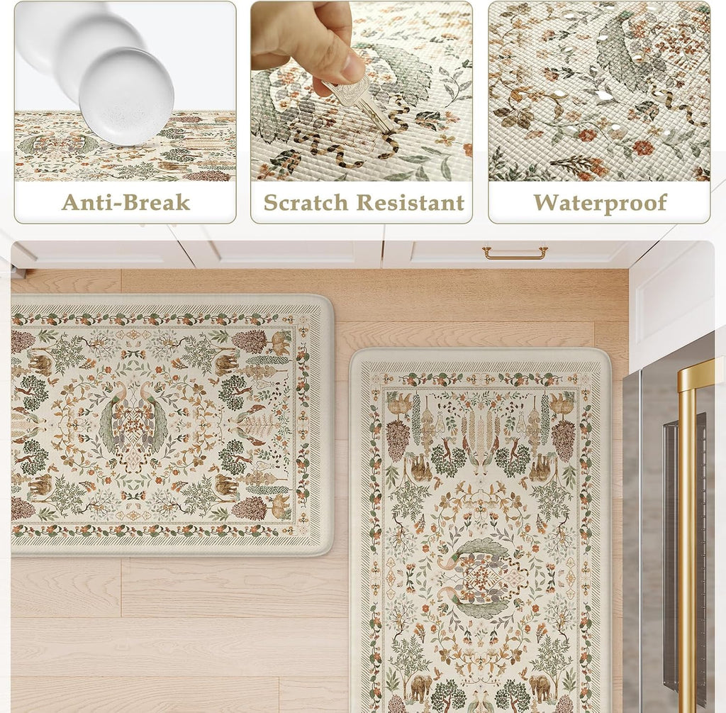 Anti Fatigue Kitchen Mats 17"x47"+17"x29", Vibrant Floral Kitchen Rugs Sets of 2, Cushioned Non Skid Kitchen Mats for