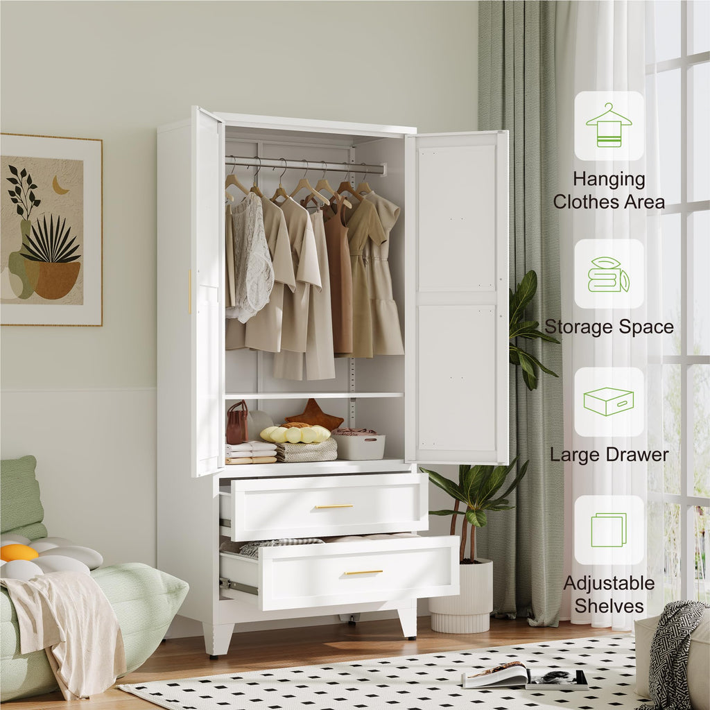 Metal Wardrobe Cabinet with Hanging Rod, 71" Armoire Wardrobe Closet with 2 Drawers, Farmhouse Bedroom Armoire, Storage