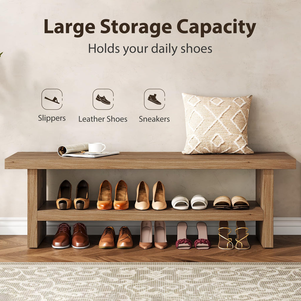 47" 2-Tier Wooden Entryway Bench with Shoe Storage, Oak Color