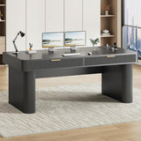 Office Desk with 2 Drawers, 59" Fluted Computer Desk with Storage and Power Strip, Wood Executive Desk, Writing Desk