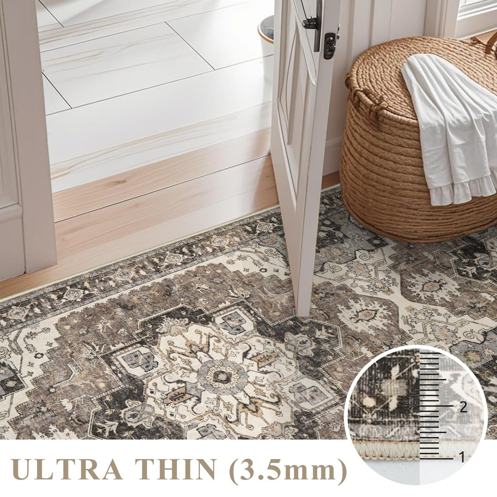 Washable Long Hallway Runner - Non-Slip Stain Resistant Kitchen Rug Distressed Mats Low Plie Soft Ultra Thin