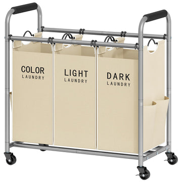 3 Bag Laundry Sorter Cart with Removable Bags, Beige