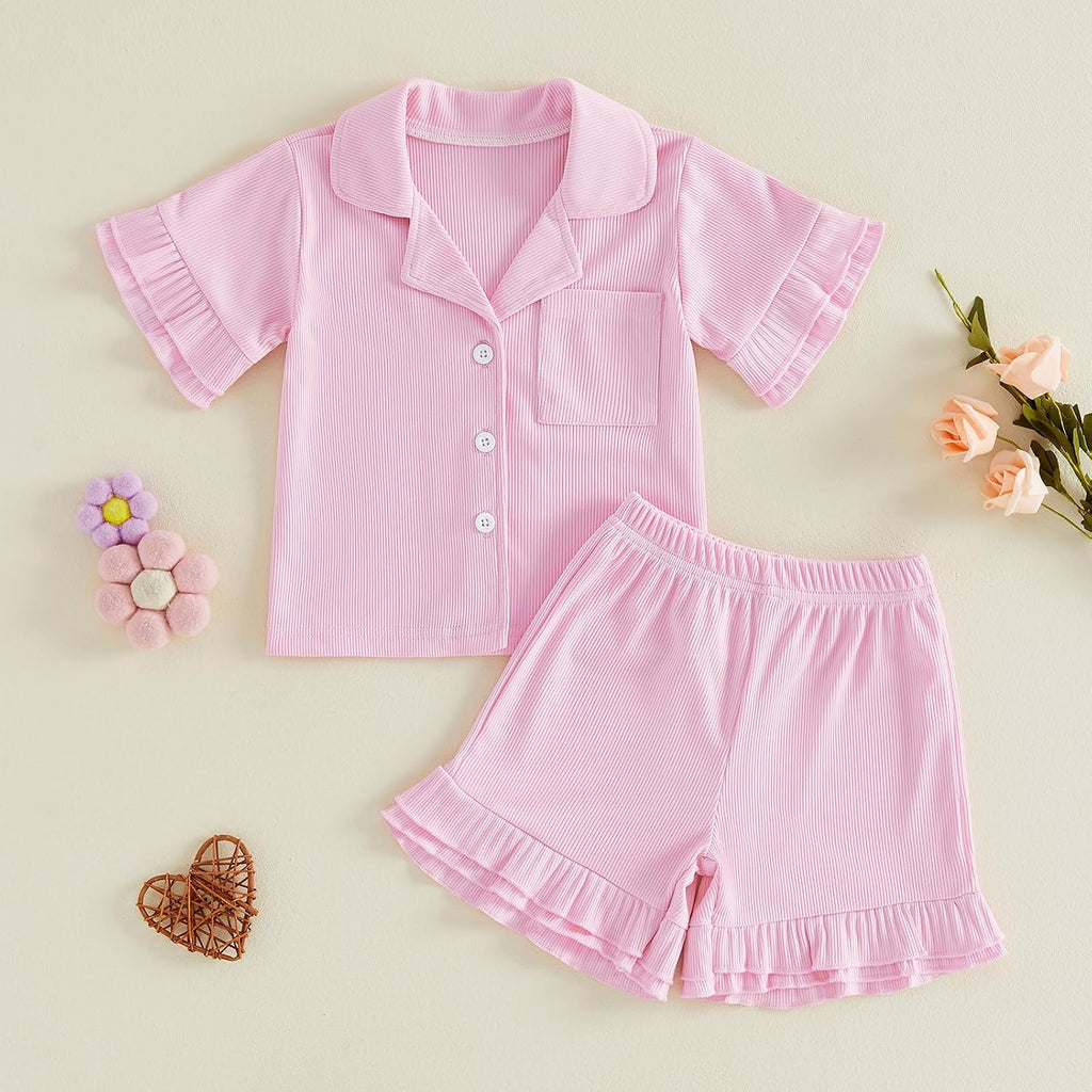 Toddler Baby Girls Ribbed Pajamas Set Ruffled Short Sleeve Button Up Shirt Tops Elastic Waist Shorts Girls Sleep Set