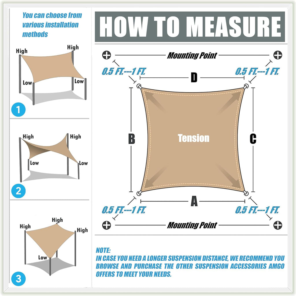 16' x 20' Beige Rectangle Sun Shade Sail Canopy Awning UPF50+ AGTAPR1620, 95% UV Blockage, Water & Air Permeable