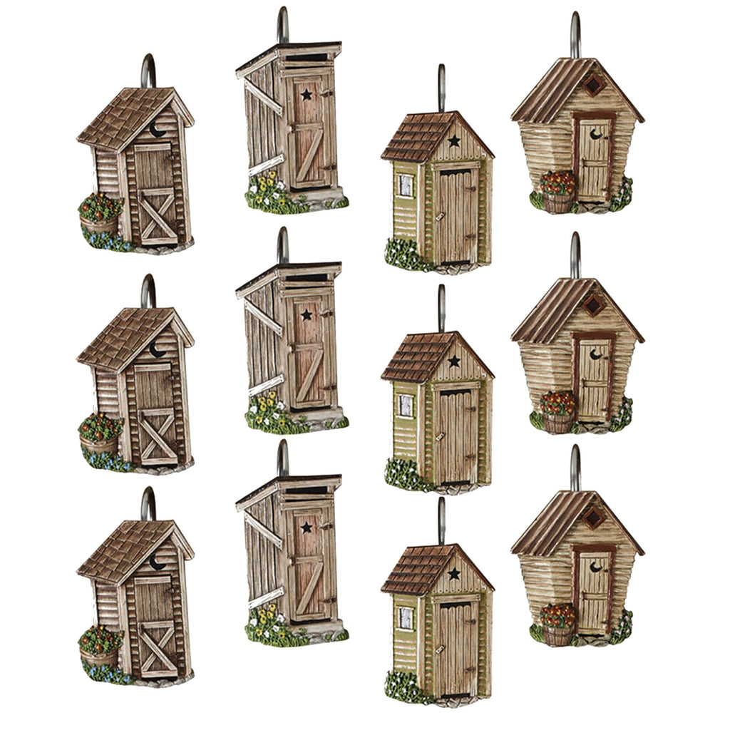 Outhouse Shower Curtain Hooks | Decorative Rustic Bathroom Curtain Hook Set of 12 | Hand-Painted Resin with Vintage