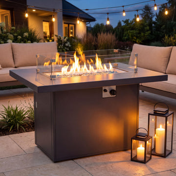 43'' Aluminum Fire Pit Table, 60, 000 BTU Propane/Natural Gas Outdoor Firepit with Wind Guard & Glass Rocks
