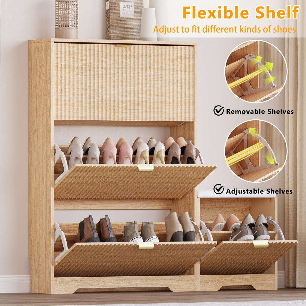 Slim Shoe Cabinet with Bench, Hidden Storage and Adjustable Shelves, Free Standing Wooden Shoes Organizer, Foyer