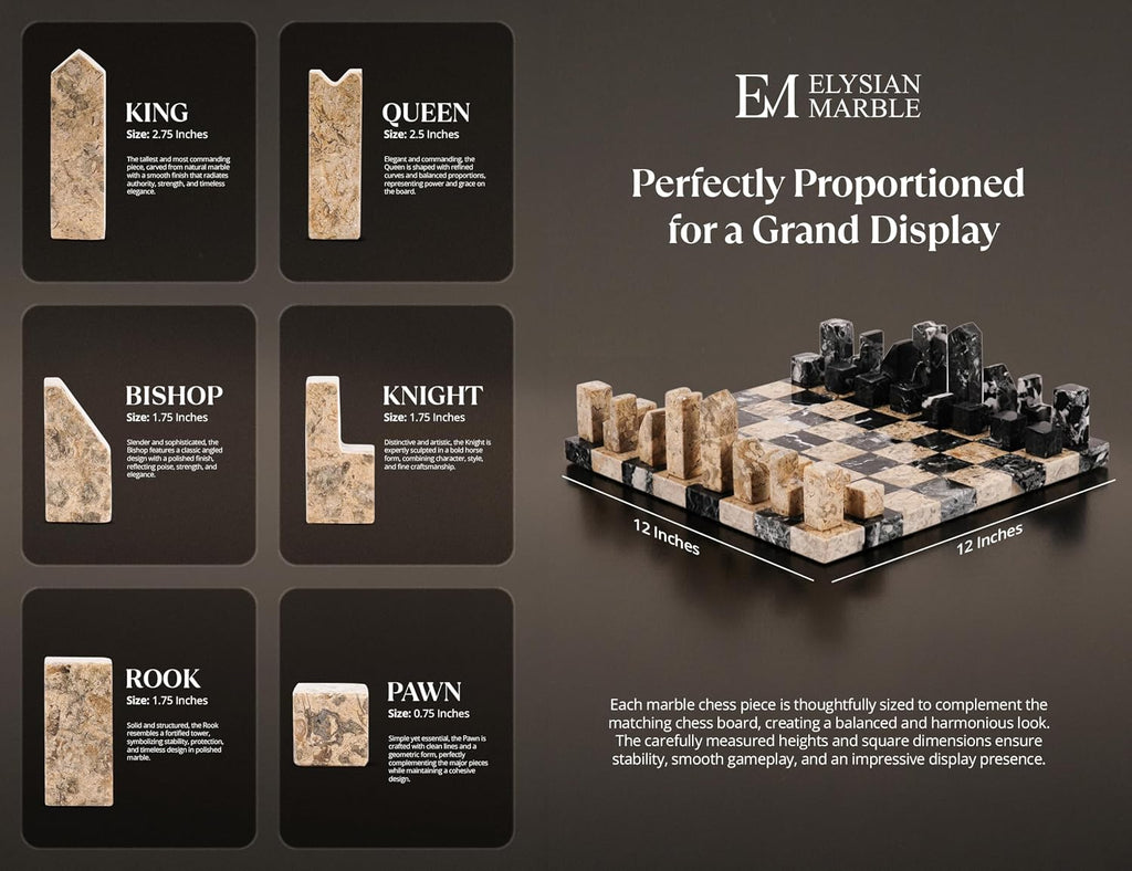 Modern Chess Set - Handcrafted Borderless Marble Chess Board with Minimalist Geometric Pieces, Luxury Decorative