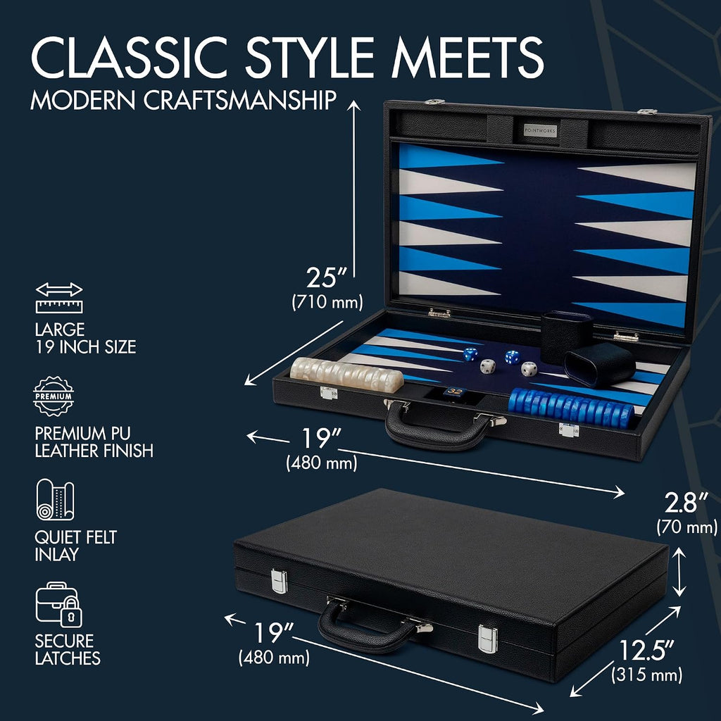 19 Inch Premium Backgammon Sets for Adults Leather Black - Blue. Premium 1.6 Inch Checkers & Dice Set, Travel