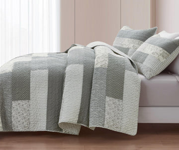 Caleb 3-Piece Muted Gray White Ivory Floral Plaid Rectangular Patchwork Quilt Set - Pre-Washed Cotton Quilted