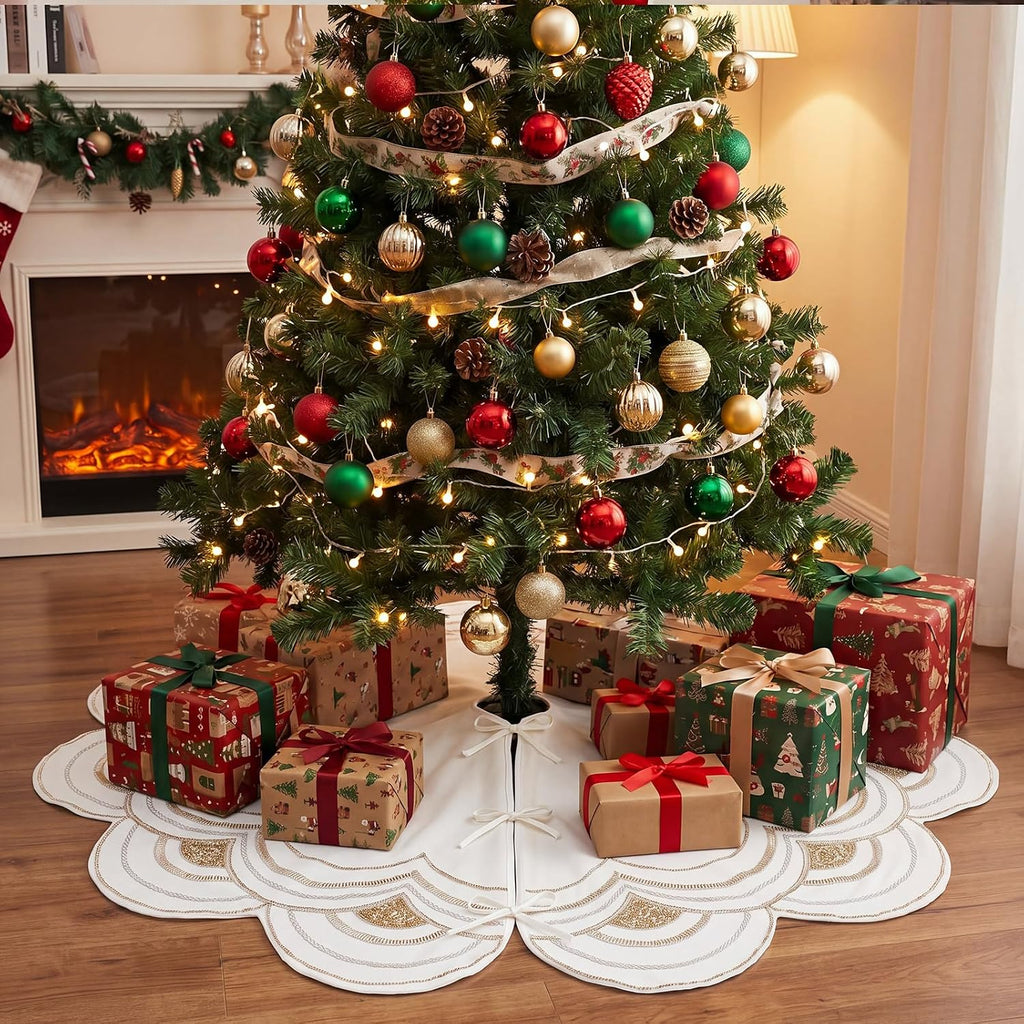 60" Beaded Christmas Tree Skirt Velvet Sequin Xmas Tree Mat,White