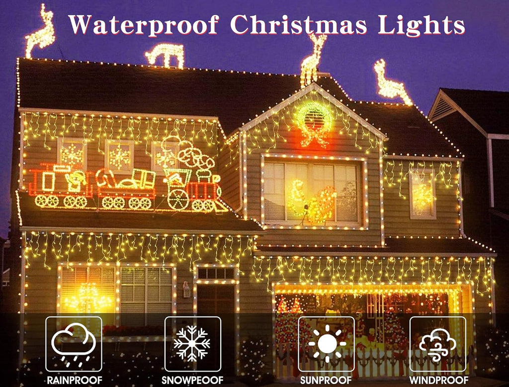 Warm White Christmas Icicle String Lights - 65.6 FT with 120 Drops, 8 Light Modes for Outdoor Decorations - Wedding